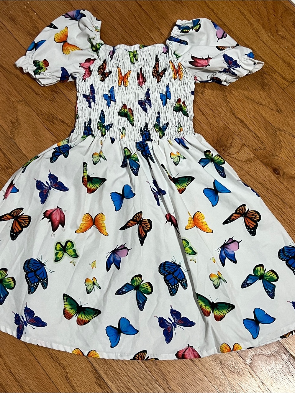SHEIN White Smocked Dress with Multicolor Butterfly Print